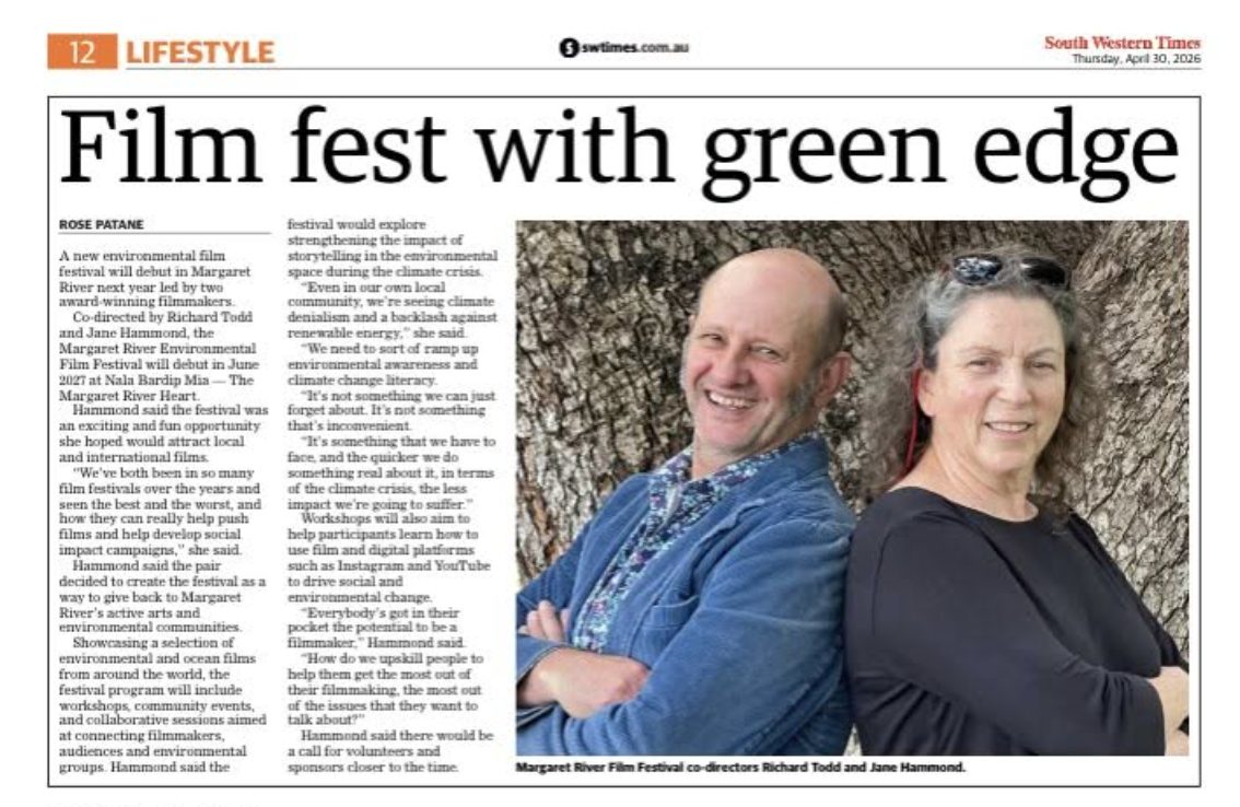 South Western Times article "Film fest with green edge" featuring co-directors Richard Todd and Jane Hammond